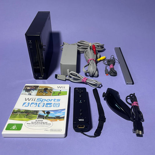 Nintendo Wii Console Black w/Controllers, Cords & Wii Sports - Console